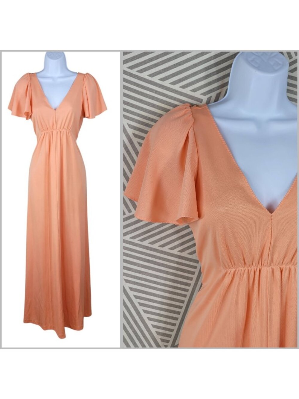 70s Shirt Dress Size Small Medium Ruffle Flutter Sleeve Peach Maxi Long Vintage